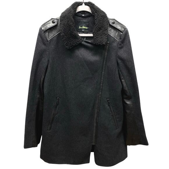 Sam Edelman Womens L Black Wool Blend Asymmetrical Coat Faux Leather Trim Jacket - Picture 1 of 10